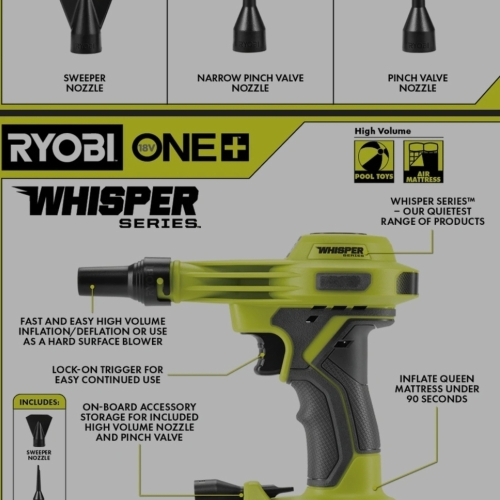 2 Box RYOBI ONE+ 18V Whisper High Volume Inflator - Yellow/Black (Two Boxes) - Picture 8 of 16